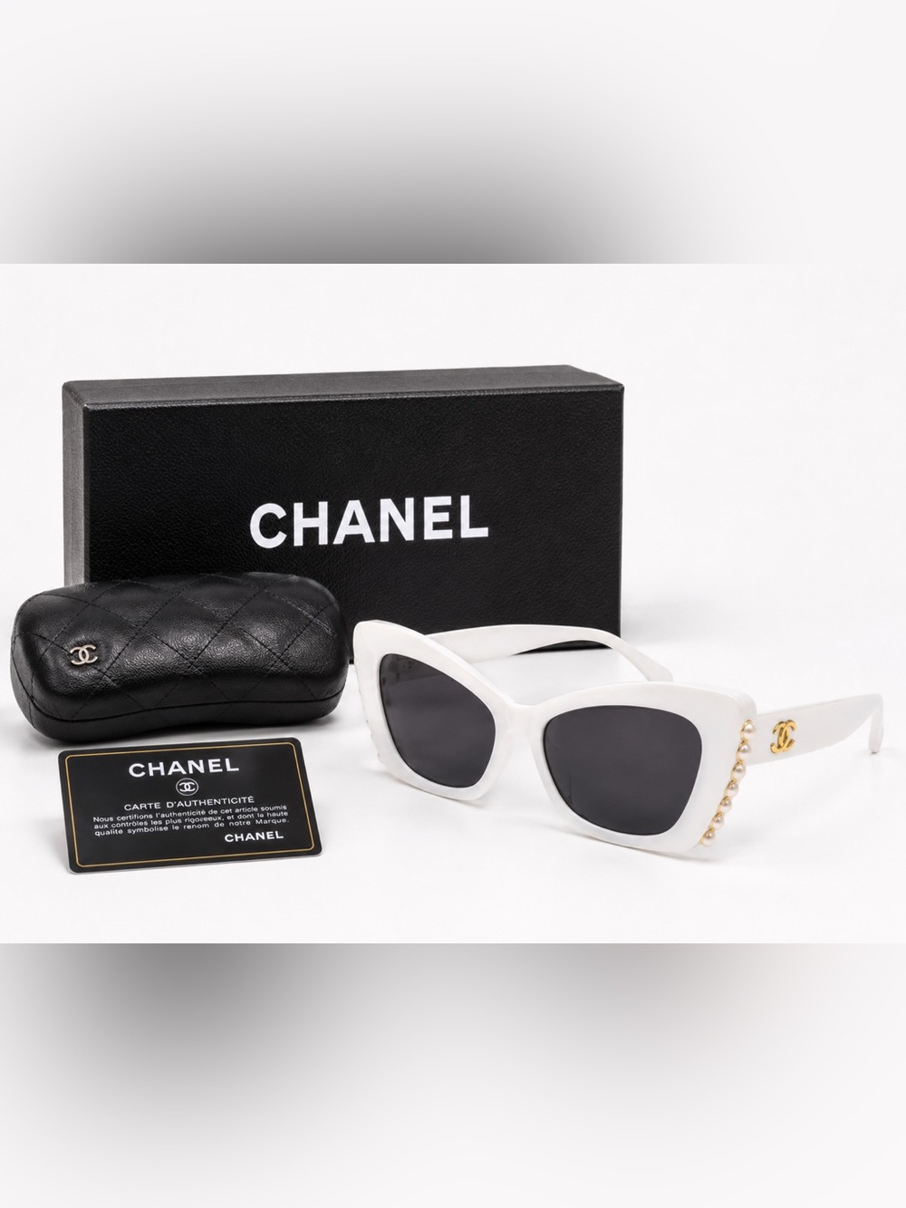 White Cat-Eye Sunglasses with Pearl Chain Accent luxury